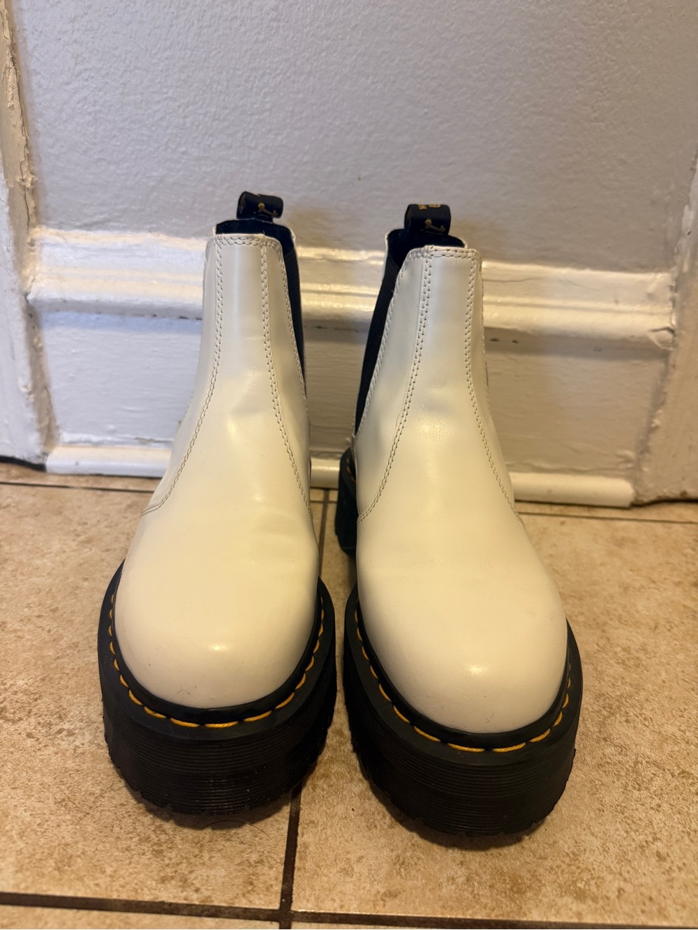 Dr. Martens White Platform Lace-Up Style Chelsea Boots with Black Sole